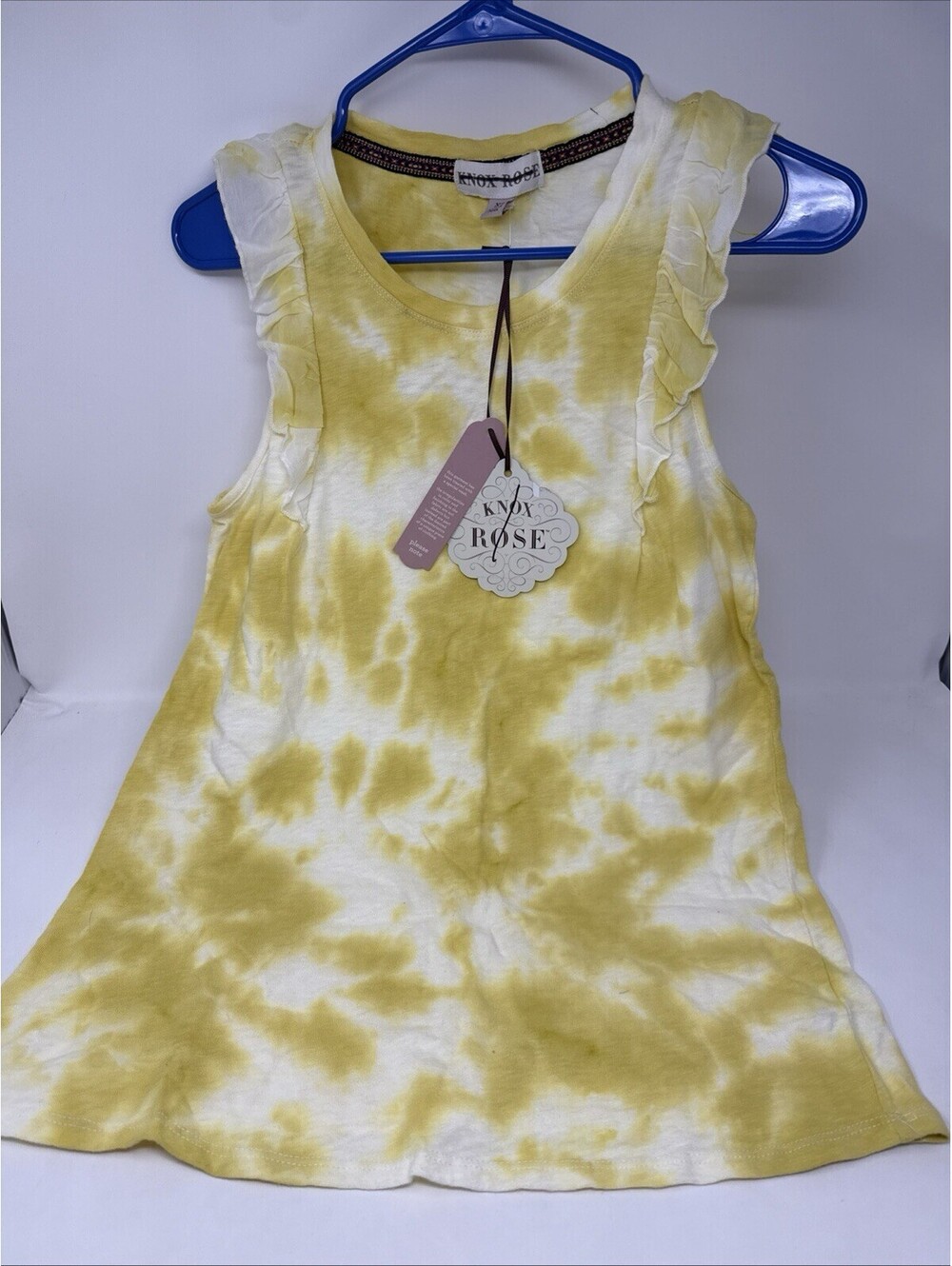 Knox Rose NWT XS Yellow Tie Dye Ruffle Tank Top Romantic Fall Layering Cotton